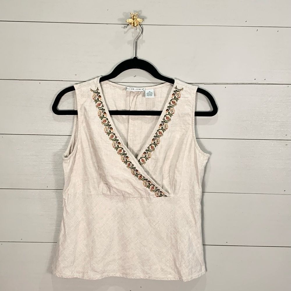 Jillian Jones linen floral embroidered sleeveless cross bust blouse woman’s 10